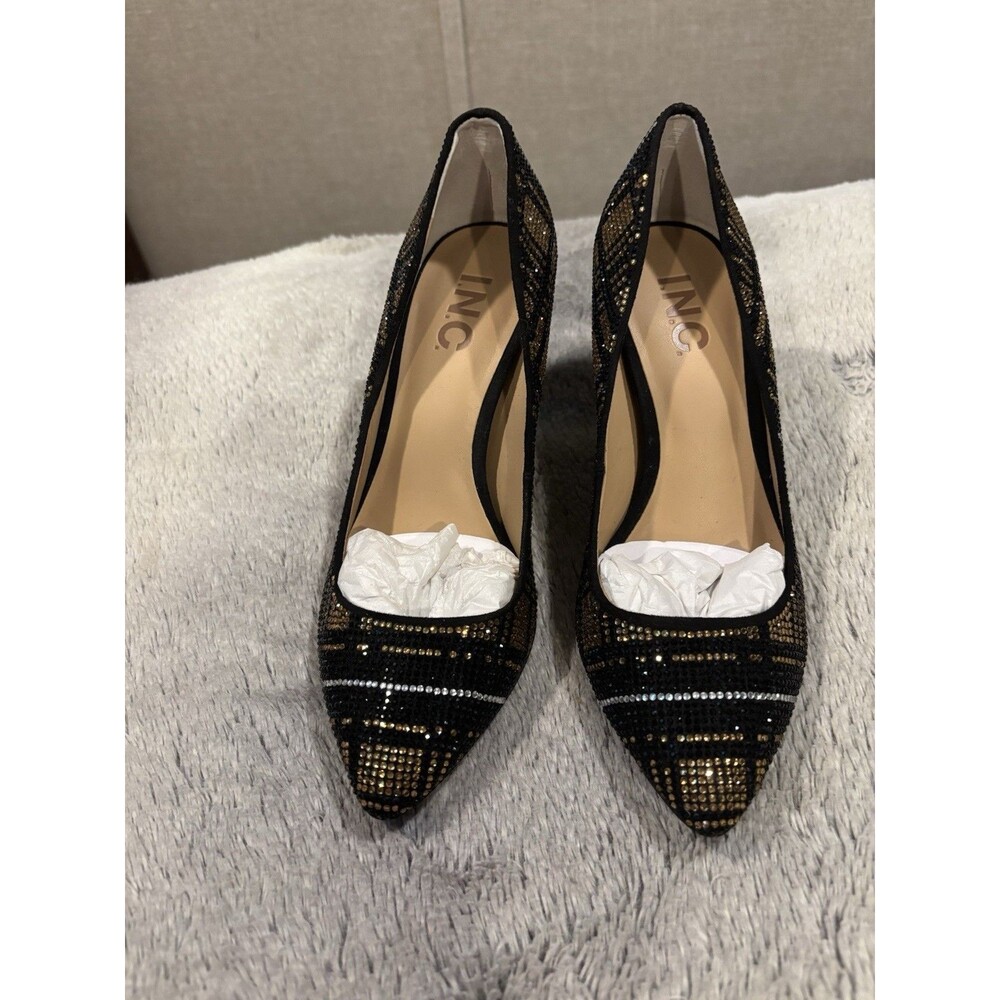 I.N.C International Concepts Black and Gold Plaid 3” Heels- Sparkly Never Worn 5